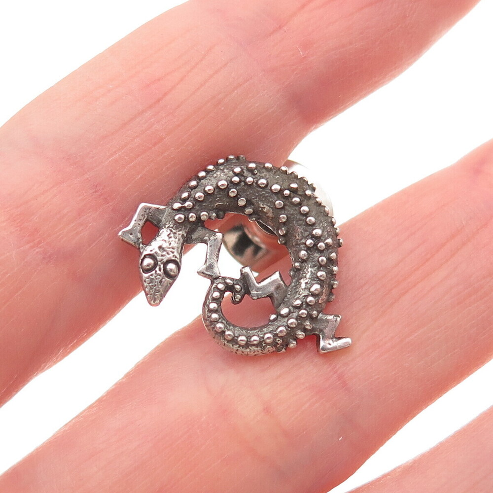 925 Sterling Silver Vintage Lizard Oxidized Tie Tack / Lapel Pin